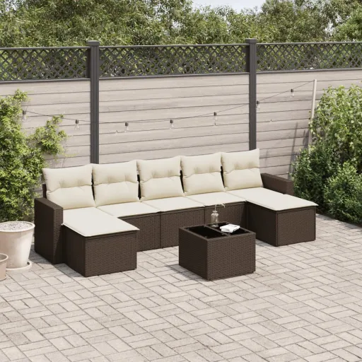 Conjunto Sofás de Jardim c/ Almofadões Vime PE Castanho (8 pcs)