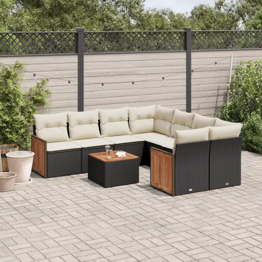 Conjunto de Sofás p/ Jardim c/ Almofadões Vime PE Preto (9 pcs)