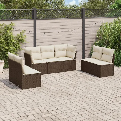 Conjunto de Sofás Jardim c/ Almofadões Vime PE Castanho (7 pcs)