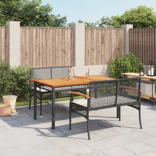 Conjunto de Jantar p/ Jardim c/ Almofadões Vime PE Preto (3 pcs)