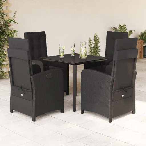 Conjunto de Jantar p/ Jardim c/ Almofadões Vime PE Preto (5 pcs)