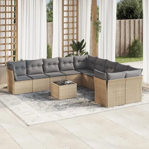 Conjunto Sofás de Jardim c/ Almofadões Vime PE Bege (11 pcs)