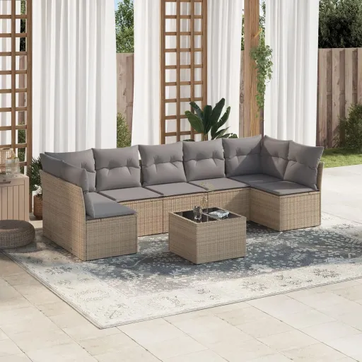 Conjunto de Sofás p/ Jardim com Almofadões Vime PE Bege (8 pcs)