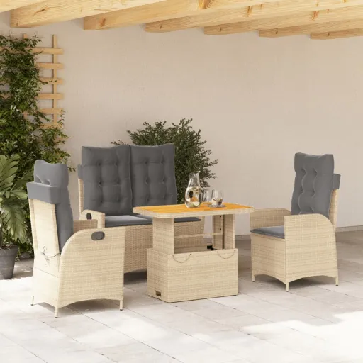 Conjunto de Jantar p/ Jardim c/ Almofadões Vime PE Bege (4 pcs)