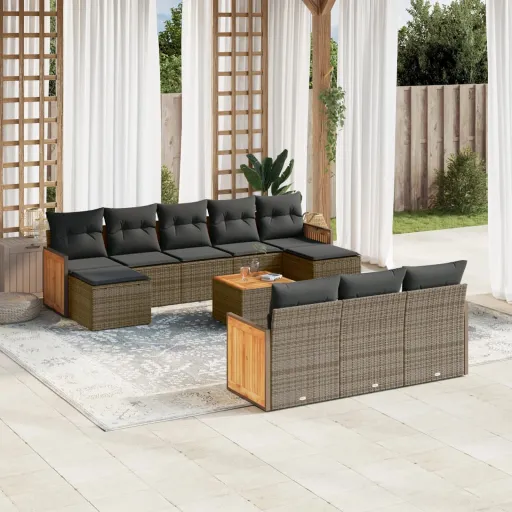 Conjunto Sofás de Jardim c/ Almofadões Vime PE Cinzento (11 pcs)