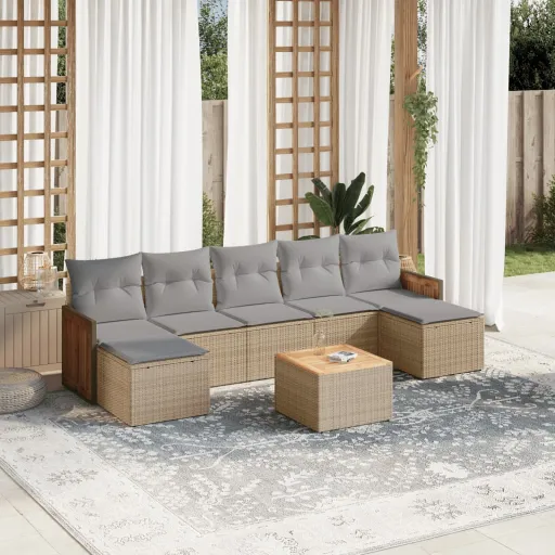 Conjunto de Sofás p/ Jardim com Almofadões Vime PE Bege (8 pcs)
