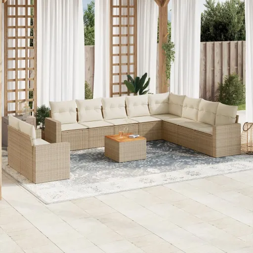 Conjunto Sofás de Jardim c/ Almofadões Vime PE Bege (11 pcs)