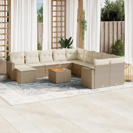 Conjunto de Sofás p/ Jardim com Almofadões Vime PE Bege (12 pcs)