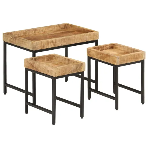 Mesas de Centro de Encastrar   Mangueira Maciça Áspera/Ferro (3 pcs)