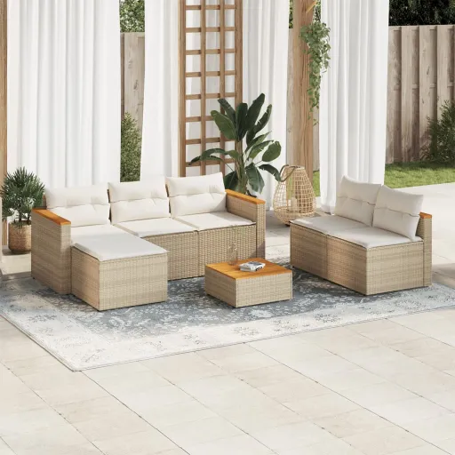 Conj. Sofás p/ Jardim c/ Almofadões Vime PE/Acácia Bege (5 pcs)