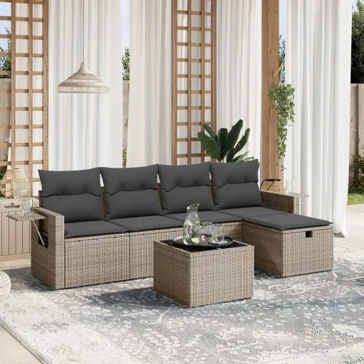 Conjunto Sofás de Jardim com Almofadões Vime Cinzento (6 pcs)
