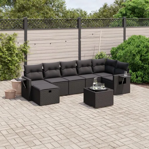 Conjunto Sofás de Jardim com Almofadões Vime PE Preto (8 pcs)