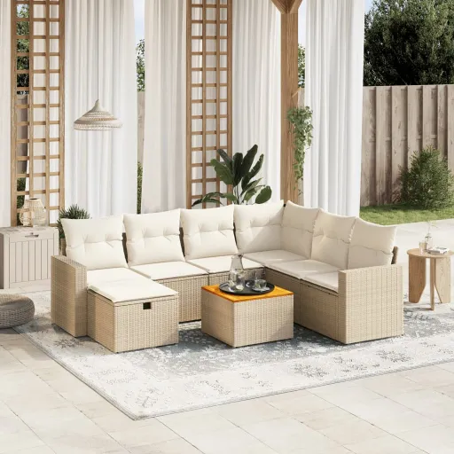 Conjunto de Sofás p/ Jardim com Almofadões Vime PE Bege (8 pcs)