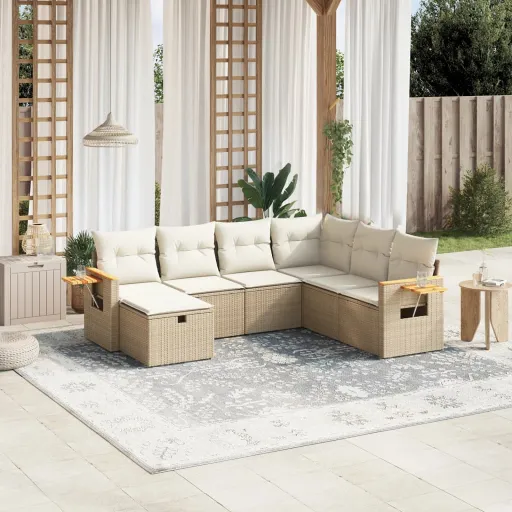 Conjunto de Sofás p/ Jardim com Almofadões Vime PE Bege (7 pcs)