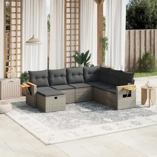 Conjunto Sofás p/ Jardim c/ Almofadões Vime PE Cinzento (7 pcs)