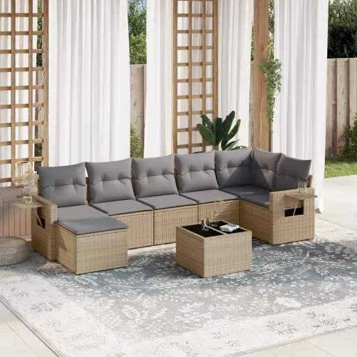 Conjunto de Sofás p/ Jardim com Almofadões Vime PE Bege (8 pcs)