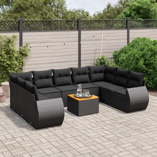 Conjunto Sofás de Jardim c/ Almofadões Vime PE Preto (10 pcs)