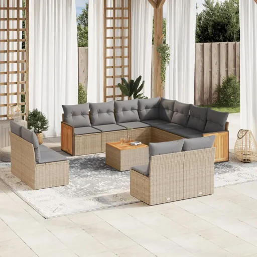 Conjunto de Sofás p/ Jardim com Almofadões Vime PE Bege (12 pcs)