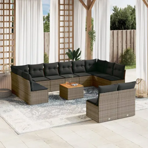 Conjunto Sofás p/ Jardim c/ Almofadões Vime PE Cinzento (13 pcs)