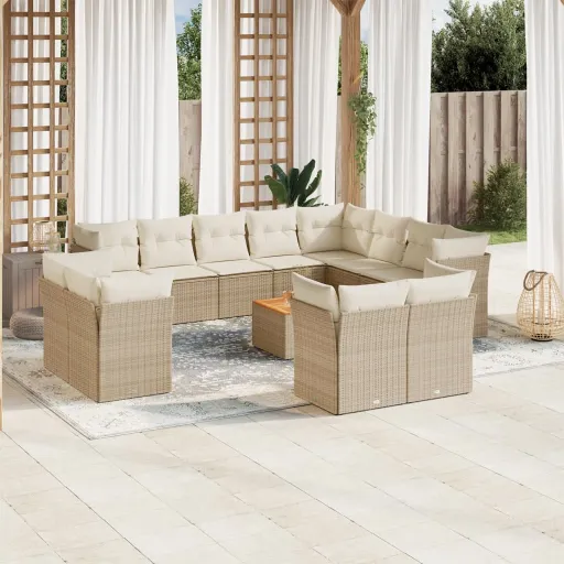 Conjunto de Sofás p/ Jardim com Almofadões Vime PE Bege (13 pcs)