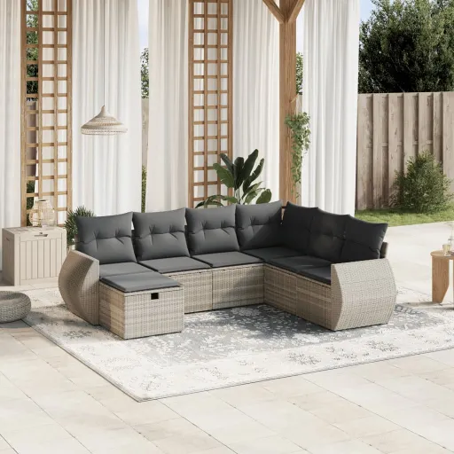 Conj. Sofás Jardim com Almofadões Vime PE Cinzento-Claro (7 pcs)
