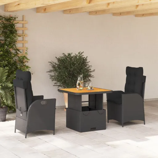 Conjunto de Jantar p/ Jardim c/ Almofadões Vime PE Preto (3 pcs)