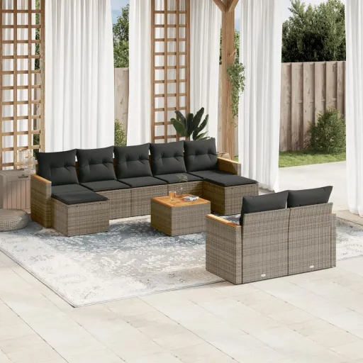 Conjunto Sofás de Jardim c/ Almofadões Vime PE Cinzento (10 pcs)