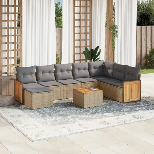 Conjunto de Sofás p/ Jardim com Almofadões Vime PE Bege (9 pcs)