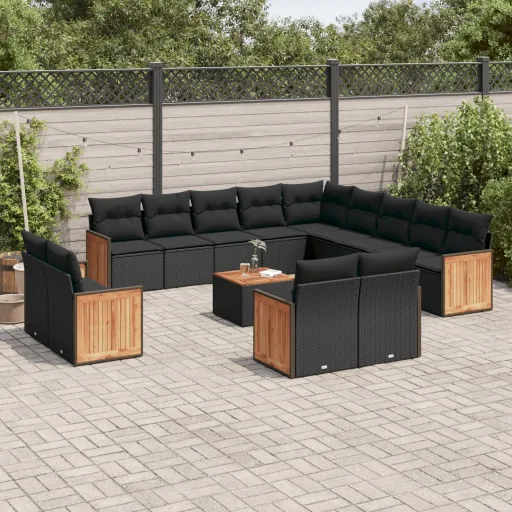 Conjunto de Sofás p/ Jardim c/ Almofadões Vime PE Preto (14 pcs)