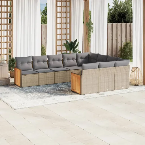 Conjunto de Sofás p/ Jardim com Almofadões Vime PE Bege (10 pcs)