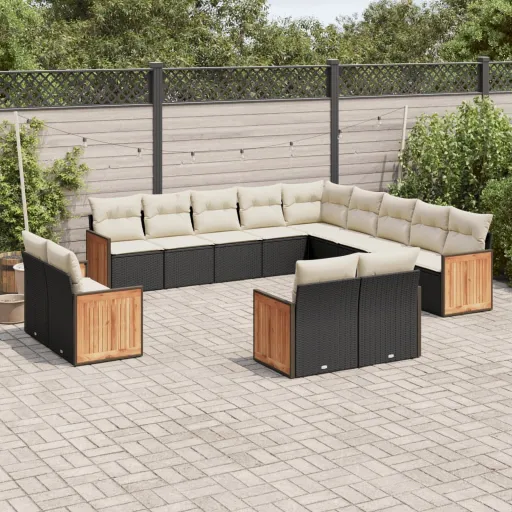 Conjunto de Sofás de Jardim com Almofadões Vime PE Preto (13 pcs)