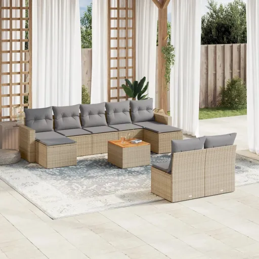 Conjunto de Sofás p/ Jardim com Almofadões Vime PE Bege (10 pcs)