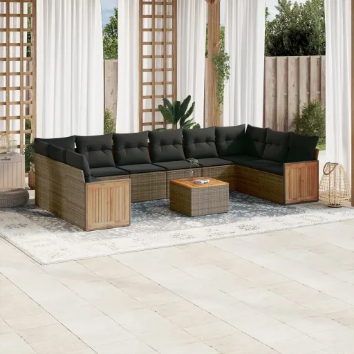 Conjunto Sofás de Jardim c/ Almofadões Vime PE Cinzento (11 pcs)