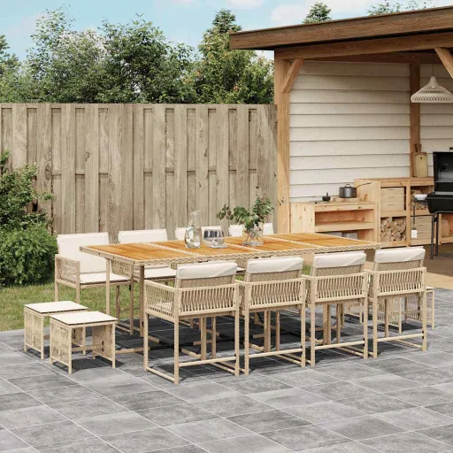 Conjunto de Jantar p/ Jardim com Almofadões Vime PE Bege (13 pcs)