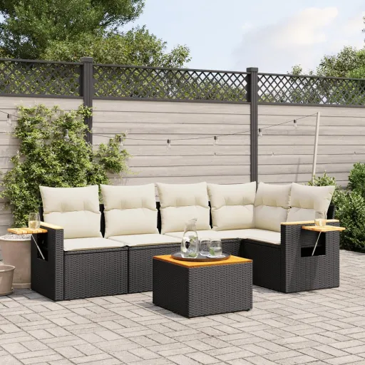Conjunto Sofás de Jardim c/ Almofadões Vime PE Preto (6 pcs)