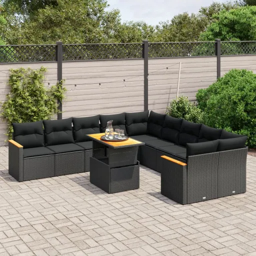 Conjunto Sofás de Jardim c/ Almofadões Vime PE Preto (11 pcs)