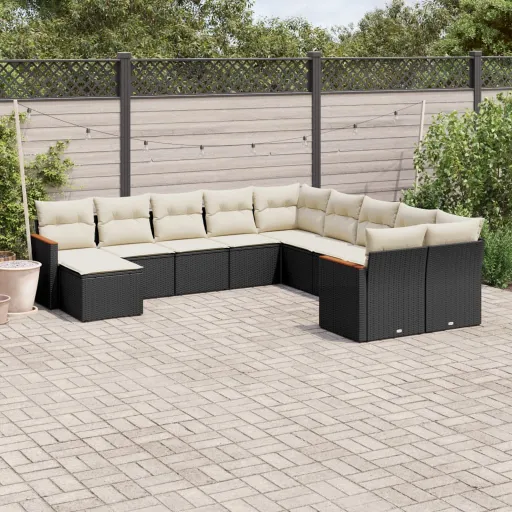 Conjunto Sofás de Jardim c/ Almofadões Vime PE Preto (11 pcs)