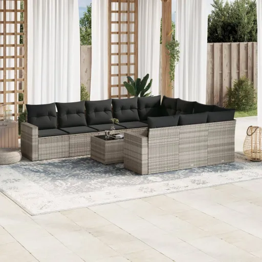 Conjunto Sofás de Jardim c/ Almofadões Vime PE Cinzento (11 pcs)