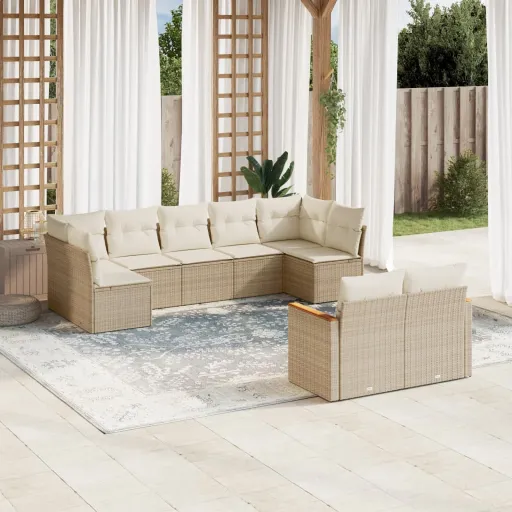 Conjunto de Sofás p/ Jardim com Almofadões Vime PE Bege (9 pcs)