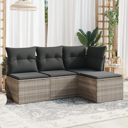 Conj. Sofás Jardim c/ Almofadões Vime PE Cinzento-Claro (4 pcs)