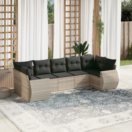 Conj. Sofás Jardim com Almofadões Vime PE Cinzento-Claro (7 pcs)