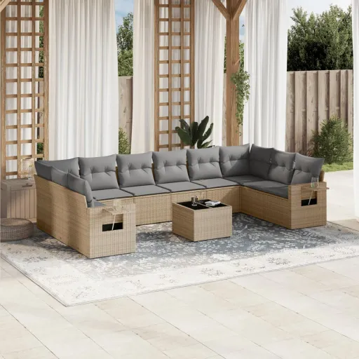 Conjunto Sofás de Jardim c/ Almofadões Vime PE Bege (11 pcs)