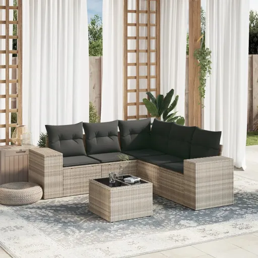 Conj. Sofás Jardim com Almofadões Vime PE Cinzento-Claro (6 pcs)