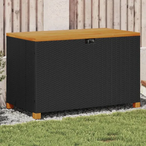 Caixa Arrumação Jardim 110x55x63 cm Vime PE/Acácia Maciça Preto