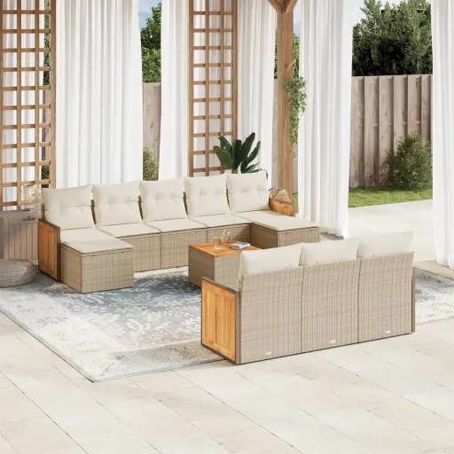 Conjunto Sofás de Jardim c/ Almofadões Vime PE Bege (11 pcs)