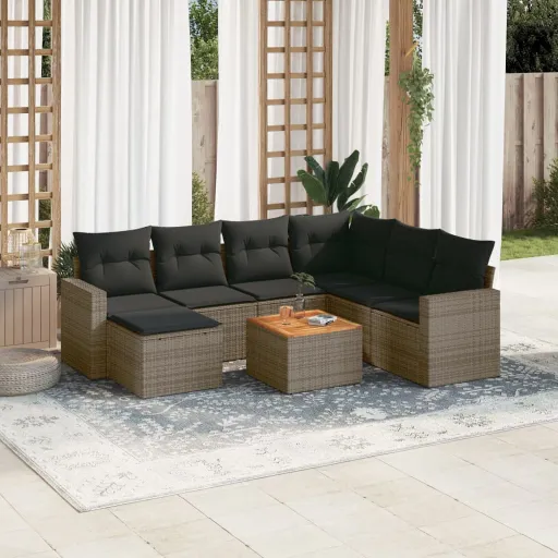 Conjunto Sofás de Jardim c/ Almofadões Vime PE Cinzento (8 pcs)