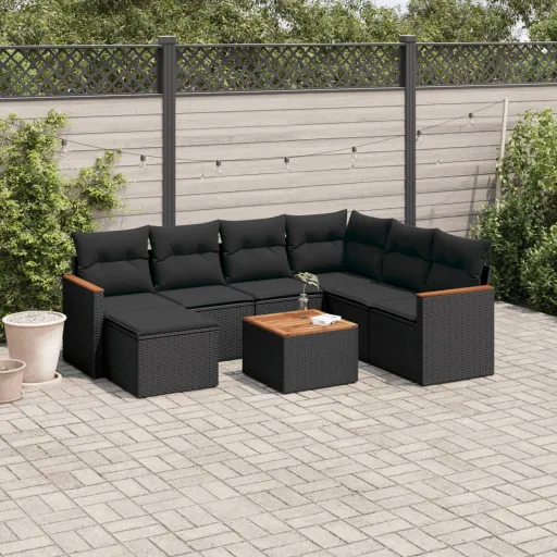 Conjunto Sofás de Jardim com Almofadões Vime PE Preto (8 pcs)