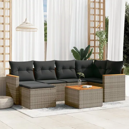 Conjunto Sofás p/ Jardim c/ Almofadões Vime PE Cinzento (7 pcs)