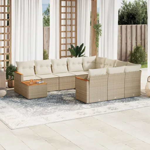 Conjunto Sofás de Jardim c/ Almofadões Vime PE Bege (11 pcs)