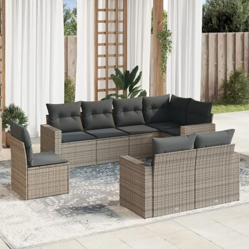 Conjunto Sofás de Jardim c/ Almofadões Vime PE Cinzento (8 pcs)